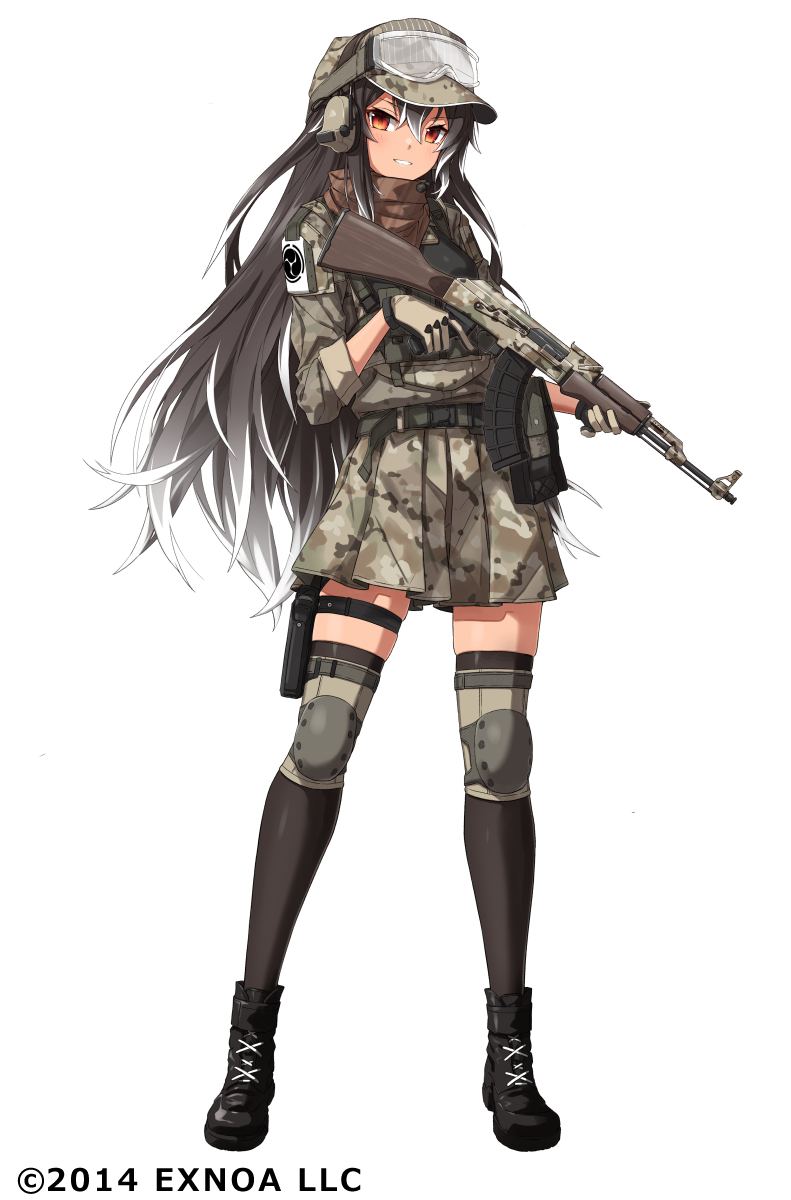 1girl assault_rifle black_hair black_legwear blush boots full_body gloves goggles goggles_on_headwear grin gun hat headset highres holding holding_gun holding_weapon knee_pads looking_at_viewer military military_uniform multicolored_hair official_art orange_eyes oshiro_project_re pleated_skirt rifle scarf simple_background skirt smile solo takanashi_kei_(hitsujikan) thigh-highs thigh_strap two-tone_hair uniform weapon white_background white_hair