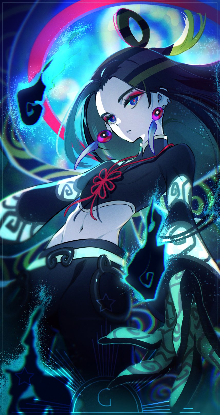 1boy black_hair black_pants blue_eyes blue_hair chinese_clothes crop_top earrings expressionless eyeshadow fate/grand_order fate_(series) galibo gloves halo highres jewelry long_hair long_sleeves looking_at_viewer makeup male_focus multicolored_eyes multicolored_hair pale_skin pants red_eyes red_eyeshadow solo taisui_xingjun_(fate)