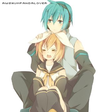 1boy 1girl blonde_hair couple female hatsune_mikuo kagamine_rin male teal_hair vocaloid