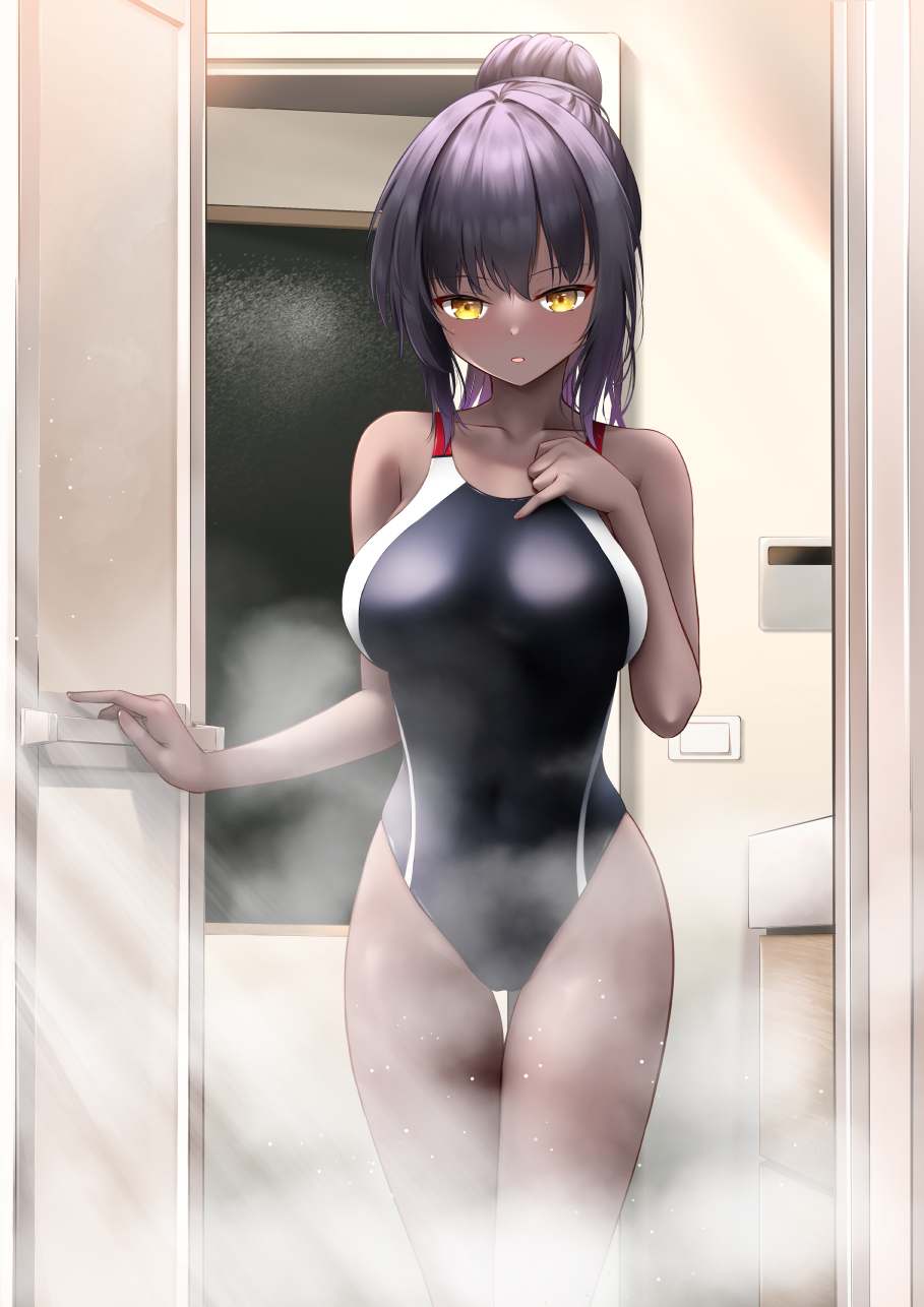 1girl bangs bare_arms bare_legs bare_shoulders bathroom black_hair black_swimsuit blue_archive blush breasts c.u.wa collarbone competition_swimsuit covered_navel cowboy_shot dark_skin eyebrows_visible_through_hair hair_bun hand_on_own_chest highleg highleg_swimsuit highres indoors karin_(blue_archive) large_breasts looking_at_viewer one-piece_swimsuit parted_lips solo standing steam swimsuit thigh_gap yellow_eyes