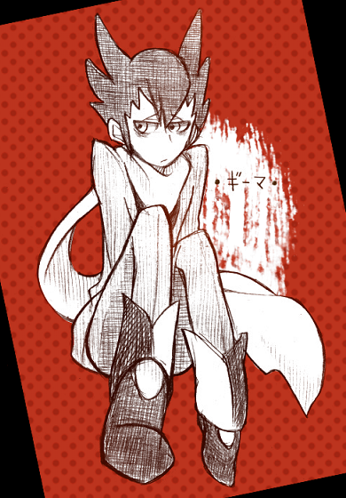 1boy bags_under_eyes bangs boots character_name closed_mouth commentary_request eyebrows_visible_through_hair full_body grimsley_(pokemon) half-closed_eyes jacket knees_together_feet_apart knees_up looking_to_the_side male_focus minashirazu monochrome nervous pants pokemon pokemon_(game) pokemon_bw red_background scarf short_hair sitting sketch solo spiky_hair translated