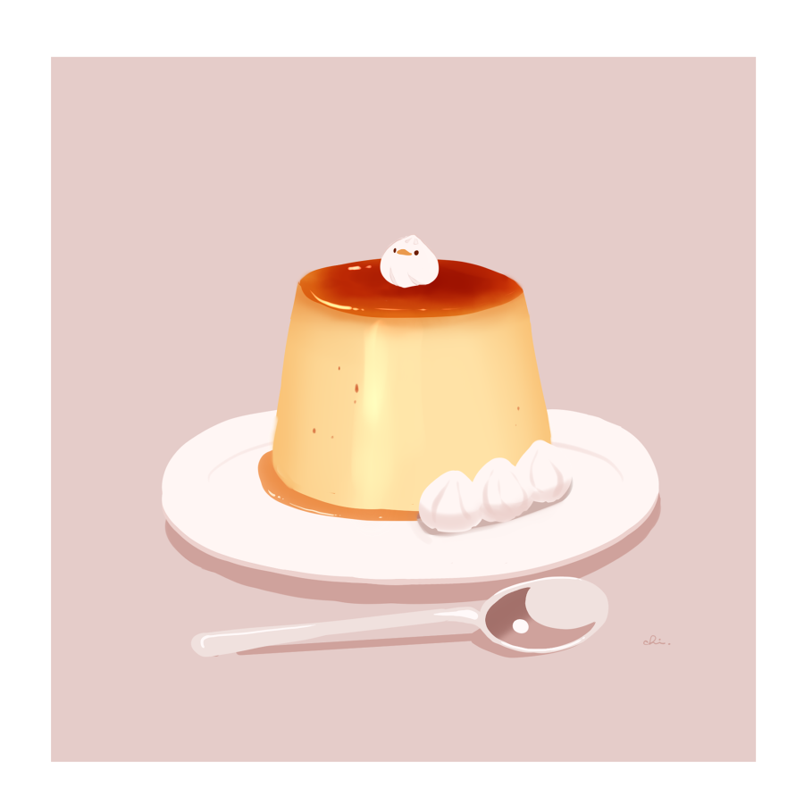 bird chai_(drawingchisanne) commentary_request creme_caramel dessert food food_focus no_humans on_food original plate pudding signature simple_background sitting_on_food spoon sweets undersized_animal whipped_cream