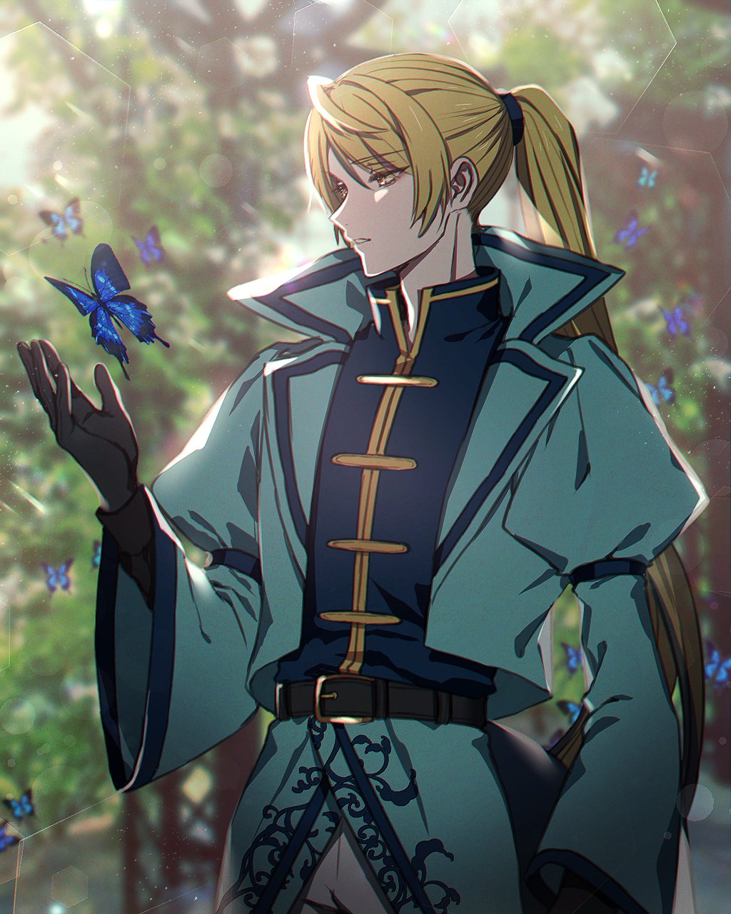 1boy belt black_gloves blonde_hair blue_butterfly bug butterfly day gloves hand_up highres inteleon lens_flare long_hair long_sleeves male_focus moe_(hamhamham) outdoors personification pokemon ponytail puffy_long_sleeves puffy_sleeves solo standing sunlight very_long_hair wide_sleeves yellow_eyes