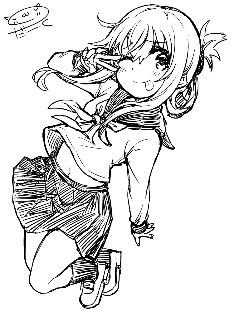 1girl artist_logo commentary_request darkside folded_ponytail full_body inazuma_(kancolle) kantai_collection kneehighs lineart long_hair looking_at_viewer monochrome navel neckerchief pleated_skirt sailor_collar school_uniform serafuku signature skirt solo tongue tongue_out v_over_eye