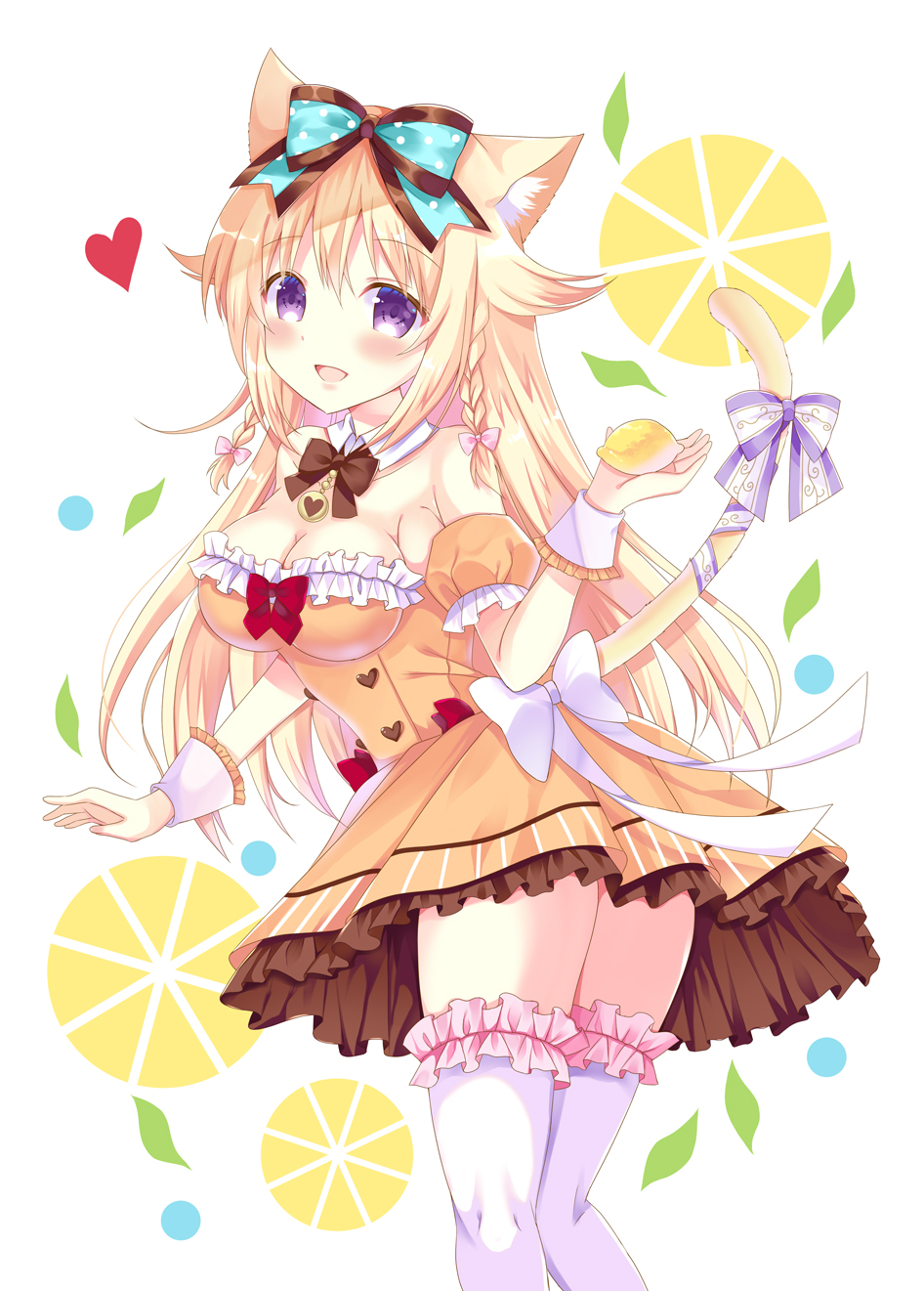1girl :d animal_ears bitter_crown blonde_hair blush cat_ears cat_girl cat_tail dress food frills fruit hair_ribbon heart highres holding holding_food holding_fruit lemon_print long_hair open_mouth original ribbon smile solo tail tail_ornament tail_ribbon thigh-highs violet_eyes yellow_dress