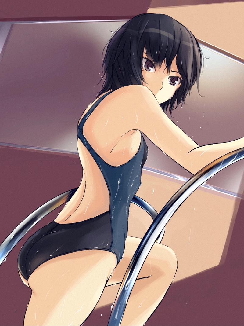 1girl amagami back bangs bare_shoulders black_hair breasts brown_eyes commentary competition_swimsuit hair_strand irodori-classical looking_at_viewer nanasaki_ai one-piece_swimsuit railing short_hair small_breasts solo swimsuit wet wet_clothes wet_hair wet_swimsuit