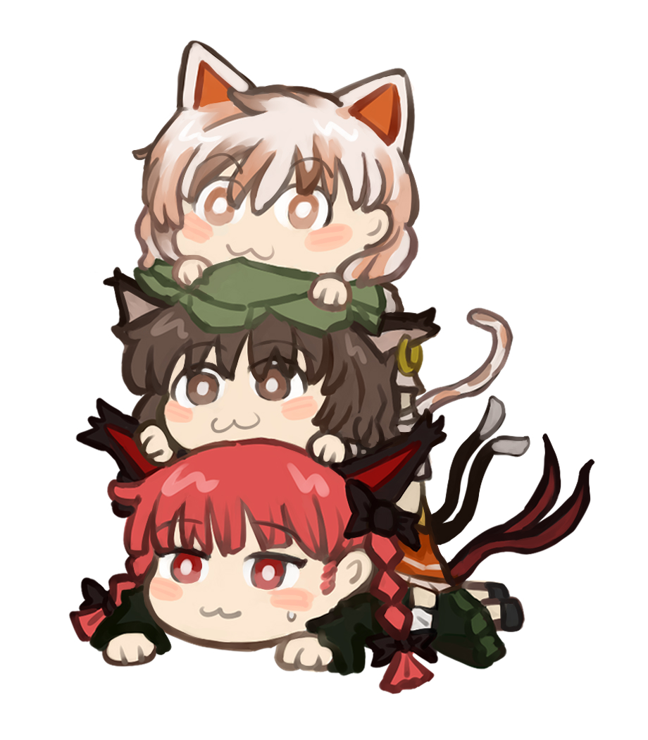 3girls :3 animal_ears animal_hands black_bow blush bow braid brown_eyes brown_hair cat_ears cat_paws cat_tail chen earrings goutokuji_mike haojbleng jewelry kaenbyou_rin lying_on_person multicolored_hair multiple_girls multiple_tails red_eyes redhead short_hair single_earring stack sweatdrop tail touhou twin_braids two_tails white_hair