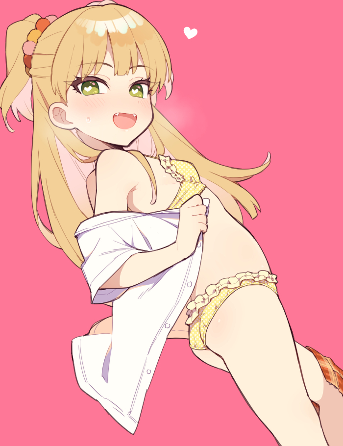 1girl :d ass bare_shoulders bikini bikini_under_clothes blonde_hair blush breasts breath clothes_pull commentary eyebrows_visible_through_hair fangs feet_out_of_frame frilled_bikini frills green_eyes hair_bobbles hair_ornament heart heart-shaped_pupils idolmaster idolmaster_cinderella_girls jougasaki_rika long_hair looking_at_viewer looking_back moyori open_clothes open_mouth open_shirt pink_background shirt simple_background skirt skirt_around_one_leg skirt_pull small_breasts smile solo sweatdrop swimsuit symbol-shaped_pupils two_side_up undressing white_shirt yellow_bikini