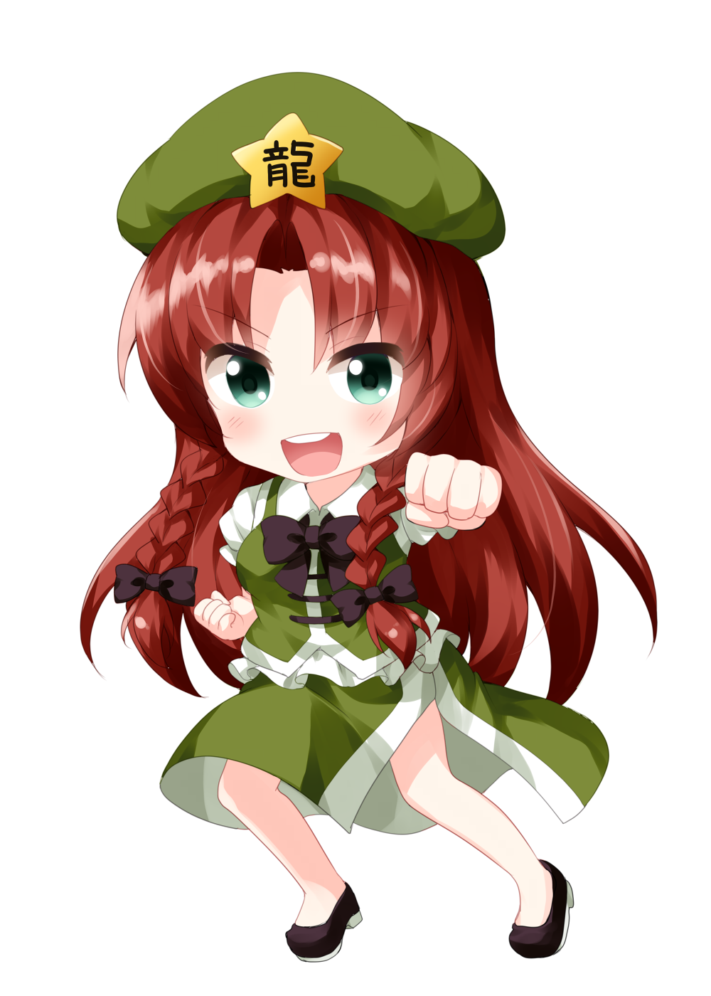 1girl aqua_eyes beret black_bow black_bowtie black_footwear blush bow bowtie braid chinese_clothes clenched_hands collared_shirt commentary_request green_headwear green_sleeves green_vest hat hat_ornament highres hong_meiling long_hair no_socks open_mouth pelvic_curtain puffy_short_sleeves puffy_sleeves redhead ruu_(tksymkw) shirt short_sleeves side_braid star_(symbol) star_hat_ornament teeth touhou twin_braids upper_teeth vest white_shirt youkai