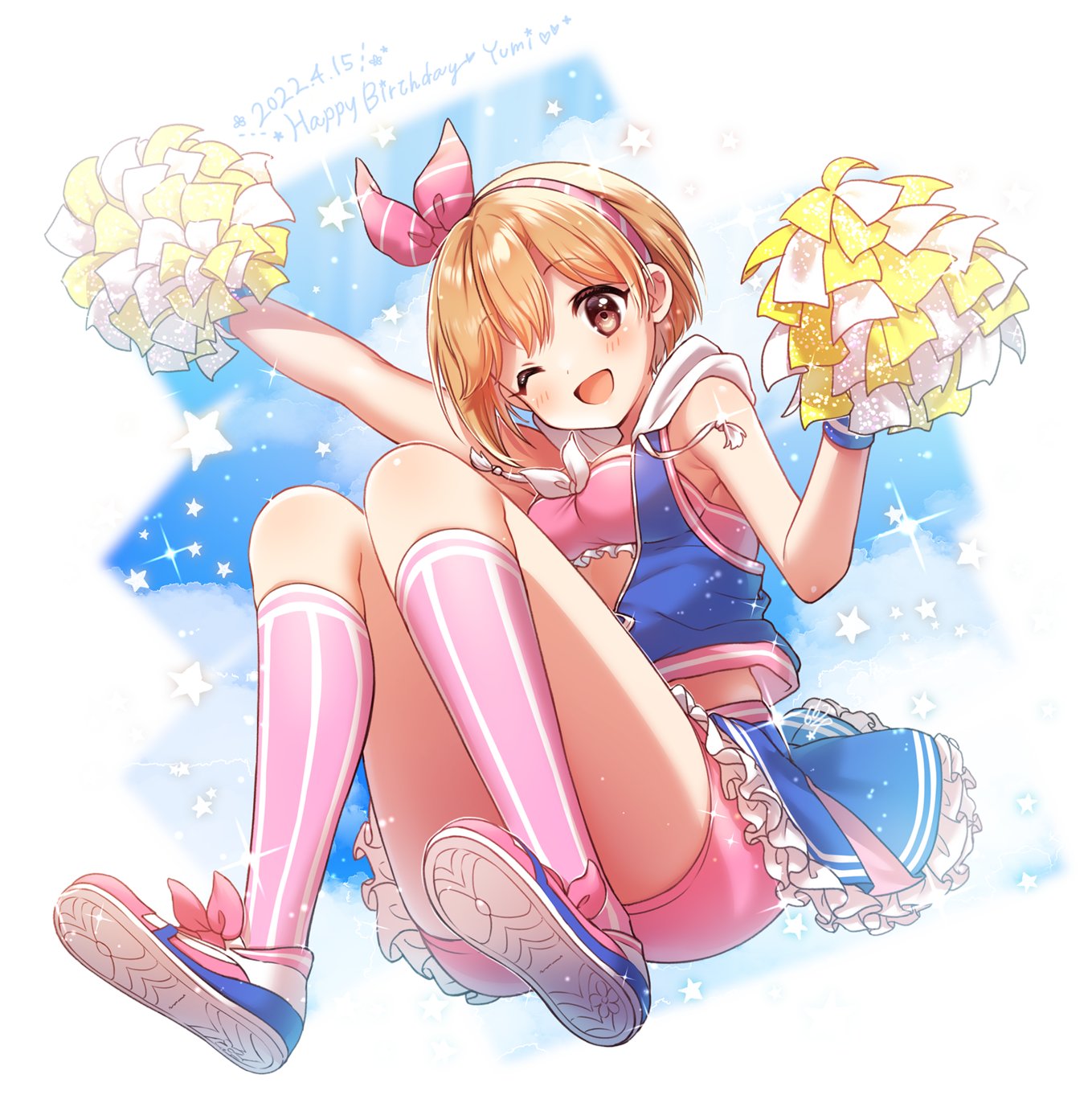 1girl ;d aiba_yumi blue_skirt blue_sky blush cheerleader clouds dated frilled_skirt frills full_body happy_birthday highres holding holding_pom_poms hood hoodie idolmaster idolmaster_cinderella_girls kneehighs knees_up looking_at_viewer natsumi_(natumi06) one_eye_closed orange_hair outstretched_arm partially_unzipped pink_shorts pink_tube_top pom_pom_(cheerleading) short_hair shorts shorts_under_skirt skirt sky sleeveless sleeveless_hoodie smile solo sparkle star_(symbol)