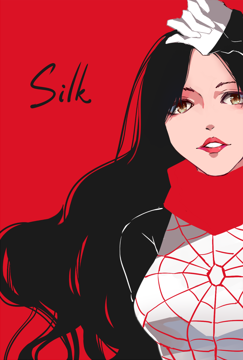 1girl 417_ichi_ku bangs black_hair breasts brown_eyes character_name chinese_commentary cindy_moon gloves highres long_hair marvel medium_breasts parted_bangs parted_lips portrait red_background silk_(marvel) smile solo spider-man_(series) spider_web_print superhero white_gloves