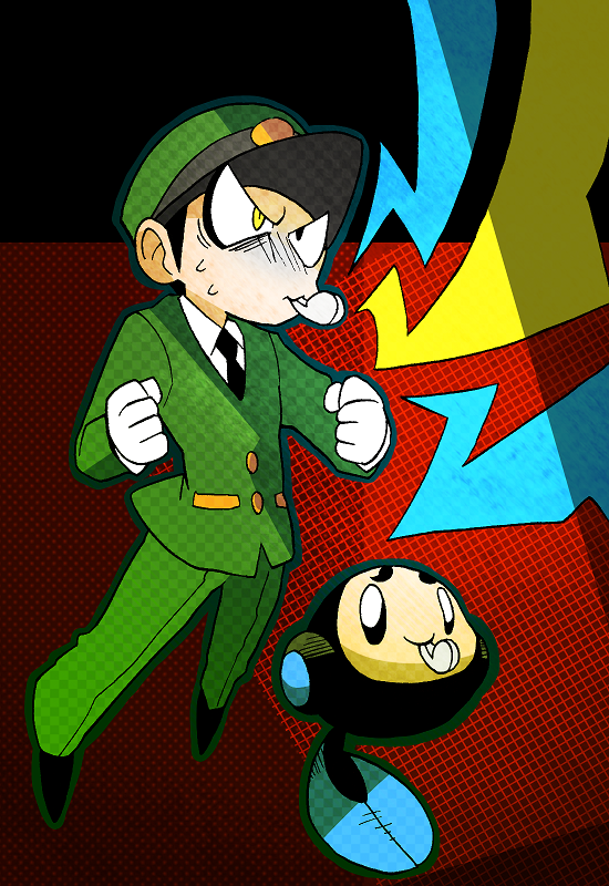 1boy black_eyes black_footwear black_necktie blowing_whistle buttons clenched_hands collared_shirt commentary_request depot_agent_(pokemon) formal full_body gloves green_headwear green_jacket green_outline green_pants hands_up hat jacket lightning_bolt_symbol male_focus minashirazu mouth_hold necktie outline pants peaked_cap pokemon pokemon_(creature) pokemon_(game) pokemon_bw red_background shirt shoes standing suit sweat turn_pale tympole whistle white_gloves white_shirt yellow_eyes