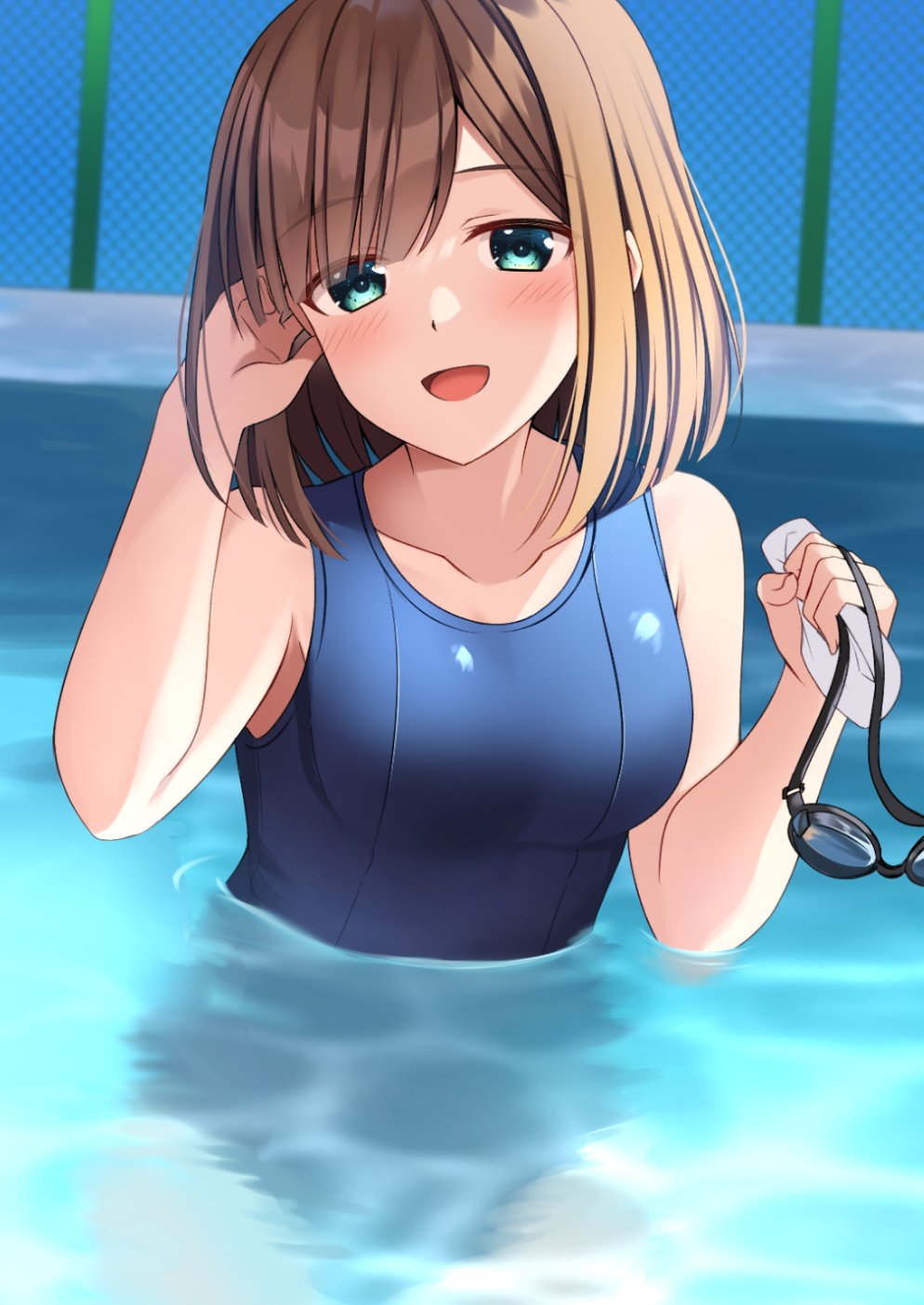 1girl :d bare_arms bare_shoulders blue_eyes blue_swimsuit blush breasts brown_hair chain-link_fence collarbone commentary_request copyright_request day fence goggles goggles_removed hand_up highres holding holding_goggles komori_kuzuyu long_hair looking_at_viewer medium_breasts one-piece_swimsuit outdoors partially_submerged pool school_swimsuit smile solo swim_cap swim_cap_removed swimsuit water white_headwear