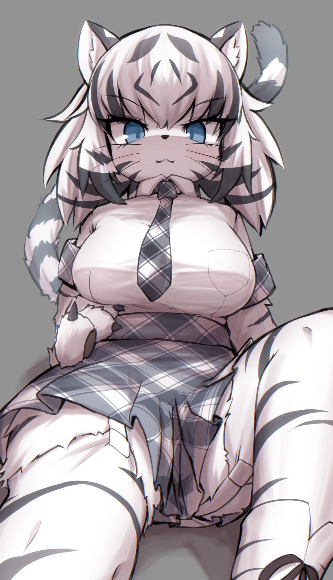 1girl :3 animal_ears animal_hands animal_nose animal_print bangs black_fur black_hair blue_eyes body_fur breast_pocket breasts claws closed_mouth collared_shirt colored_inner_hair dress_shirt eyebrows_visible_through_hair furrification furry furry_female garter_straps grey_background highres karekusa_meronu kemono_friends knee_up leaning_back looking_at_viewer medium_hair microskirt multicolored_hair necktie plaid plaid_necktie plaid_skirt plaid_sleeves plaid_trim pocket print_legwear shirt short_sleeves simple_background sitting skirt smile snout solo streaked_hair symbol-only_commentary tail thigh-highs tiger_ears tiger_girl tiger_print tiger_tail two-tone_fur two-tone_hair whiskers white_fur white_hair white_shirt white_tiger_(kemono_friends) white_tiger_print wing_collar zettai_ryouiki