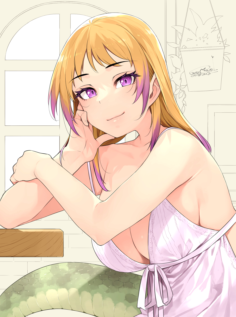 1girl african_rock_python_(kemono_friends) alternate_costume bare_arms bare_shoulders blonde_hair breasts collarbone commentary dated dress elbow_rest eyebrows_visible_through_hair happa_(cloverppd) highres indoors kemono_friends large_breasts long_hair looking_at_viewer multicolored_hair purple_hair signature sleeveless sleeveless_dress snake_tail solo spaghetti_strap tail two-tone_hair upper_body violet_eyes white_dress window