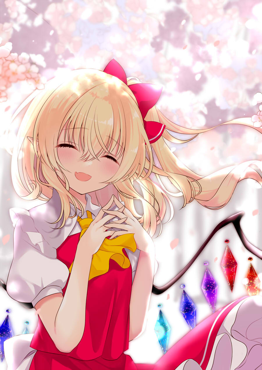 1girl :d ^_^ ascot bangs blonde_hair bloom blush bow closed_eyes crystal eyebrows_visible_through_hair facing_viewer fang flandre_scarlet frilled_shirt_collar frills hair_between_eyes hair_bow happy highres long_hair no_hat no_headwear one_side_up open_mouth own_hands_together petals puffy_short_sleeves puffy_sleeves red_bow red_skirt red_vest shirt short_sleeves skin_fang skirt skirt_set smile solo tosakaoil touhou upper_body vest white_shirt wings