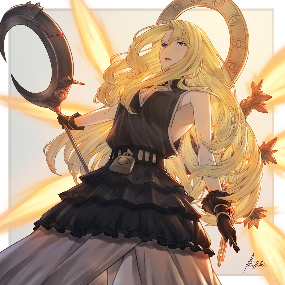 1girl black_dress blonde_hair blue_eyes breasts commission dress gloves halo holding iseria_queen ivris long_hair signature skeb_commission sleeveless solo staff star_ocean weapon wings