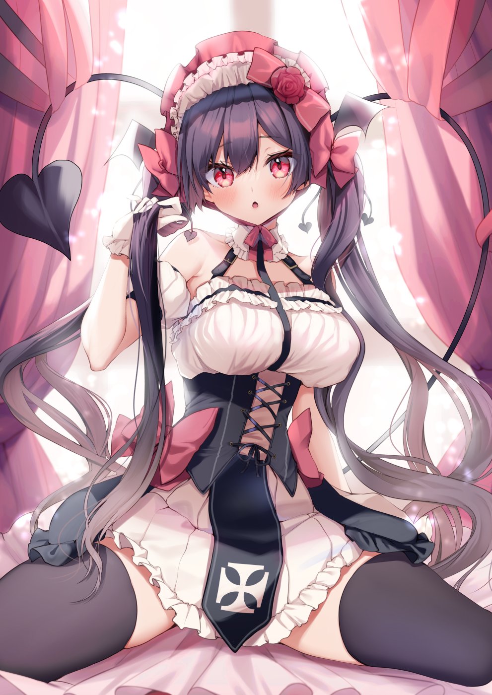 1girl :o armpits bare_shoulders breasts demon_tail dress emyo frilled_dress frilled_skirt frills highres large_breasts long_hair looking_at_viewer maid maid_headdress medium_breasts open_mouth original pink_eyes purple_hair red_eyes ribbon skirt tail twintails very_long_hair
