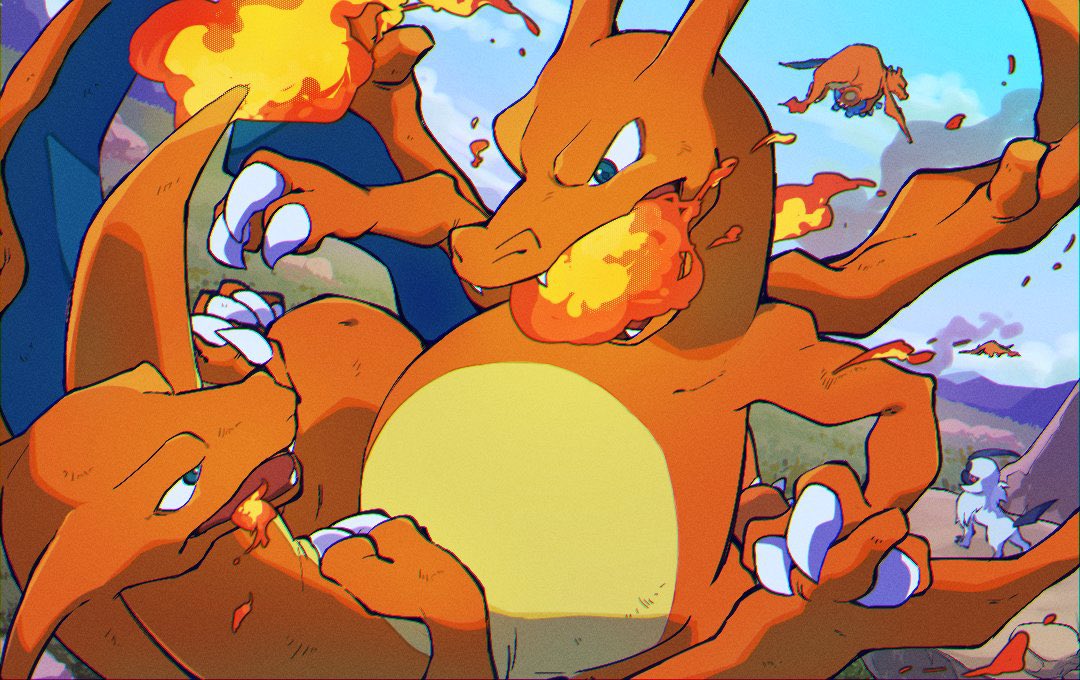 absol blue_eyes breathing_fire charizard claws clouds commentary_request day eye_contact fire flying genzou_(me_genzo) looking_at_another no_humans outdoors pokemon pokemon_(creature) sky