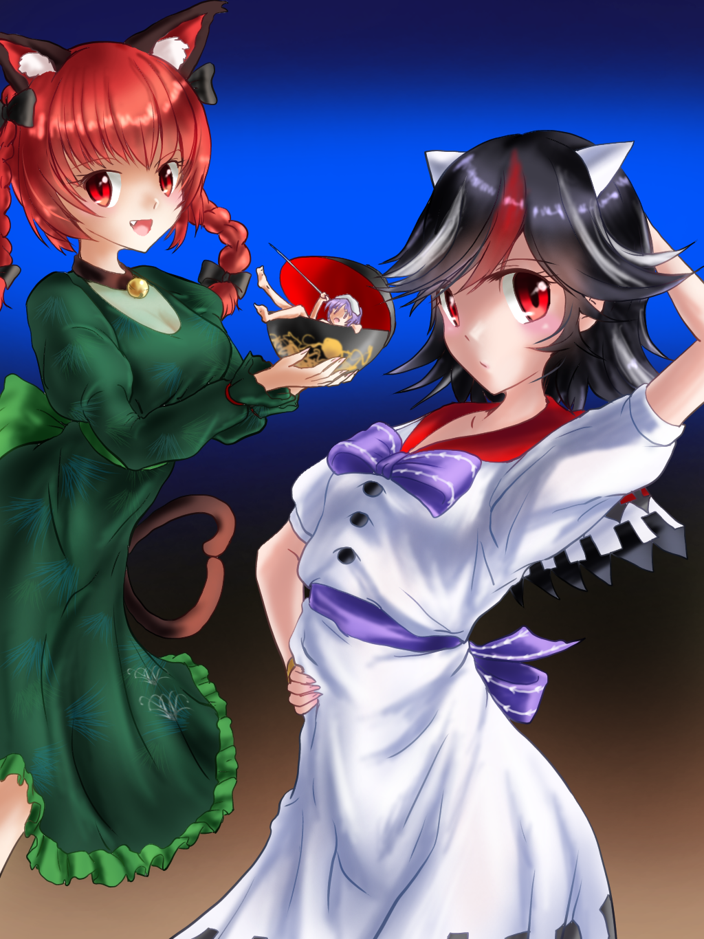 3girls :d animal_ears ankake_hitokaji arm_up barefoot bell black_hair blush bow bowl braid cat_ears cat_tail dress fang full-face_blush gradient gradient_background hand_on_hip highres holding holding_bowl holding_needle horns kaenbyou_rin kijin_seija looking_at_viewer multicolored_hair multiple_girls multiple_tails needle nekomata open_mouth puffy_sleeves red_eyes redhead short_hair simple_background smile streaked_hair sukuna_shinmyoumaru tail touhou twin_braids two_tails