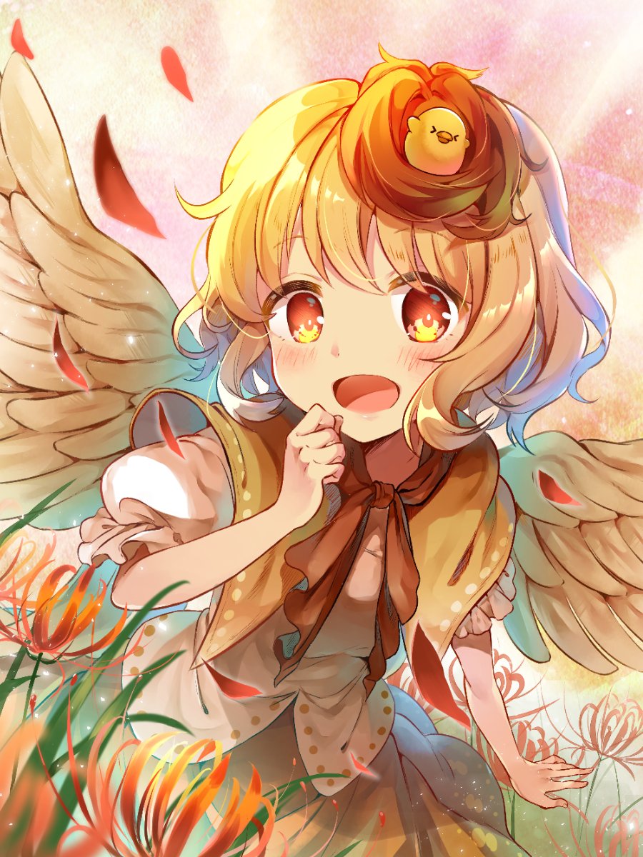 1girl animal_on_head arm_up bangs bird bird_on_head bird_wings blonde_hair blush border breasts chick commentary_request dress eyebrows_visible_through_hair falling_petals feathered_wings flower highres large_breasts looking_at_viewer multicolored_hair niwatari_kutaka on_head open_mouth orange_dress orange_eyes petals puffy_short_sleeves puffy_sleeves red_ribbon redhead ribbon sekisei_(superego51) shiny shiny_hair short_hair short_sleeves simple_background solo spider_lily tail_feathers touhou two-tone_hair upper_body vest white_sleeves white_vest wings