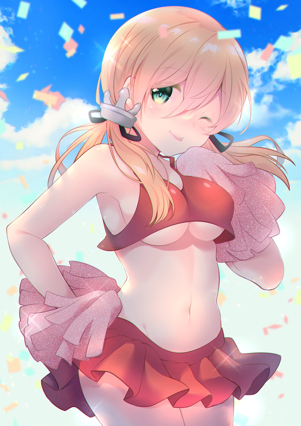 1girl alternate_costume anchor_hair_ornament aqua_eyes blonde_hair blue_sky breasts cheerleader clouds commentary_request confetti cowboy_shot crop_top german_commentary hair_ornament highres kantai_collection large_breasts long_hair miniskirt pleated_skirt prinz_eugen_(kancolle) red_skirt skirt sky solo tongue tongue_out tsukimochikuriko_(tsukimochi_k) twintails under_boob