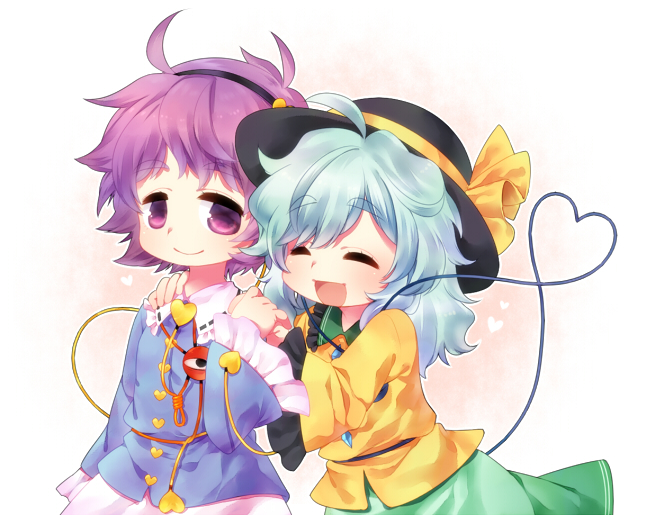 2girls :d ahoge arm_at_side black_hairband black_headwear blouse blue_blouse blush buttons closed_eyes closed_mouth commentary diamond_button eyebrows_visible_through_hair frilled_shirt_collar frilled_sleeves frills green_hair green_skirt hair_ornament hairband hands_on_another's_shoulders hat hat_ribbon heart heart_button heart_hair_ornament heart_of_string holding_hands kiri_futoshi komeiji_koishi komeiji_satori long_hair long_sleeves looking_at_another multiple_girls pink_skirt purple_hair ribbon ribbon_trim short_hair siblings simple_background sisters skirt smile thick_eyebrows third_eye touhou upper_body violet_eyes wide_sleeves yellow_blouse yellow_ribbon