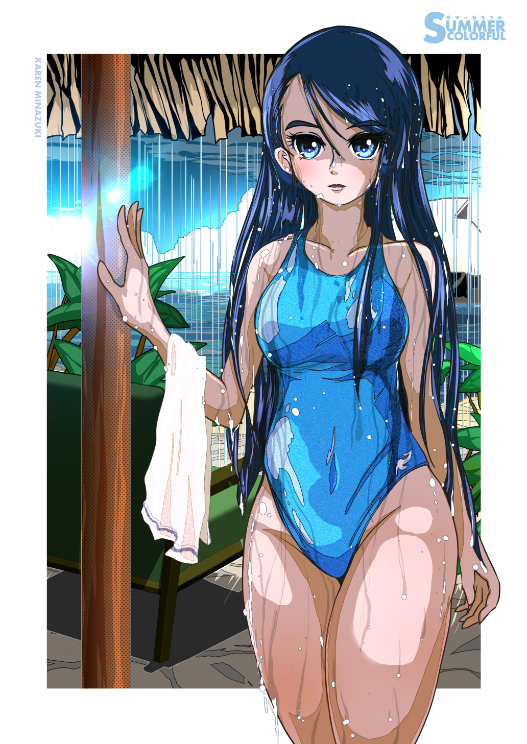 1girl blue_eyes blue_hair blue_sky blue_swimsuit breasts clouds competition_swimsuit cowboy_shot groin highres long_hair looking_at_viewer medium_breasts minazuki_karen one-piece_swimsuit pole precure sky solo standing swimsuit takaishi_fuu towel wet wet_clothes wet_swimsuit yes!_precure_5