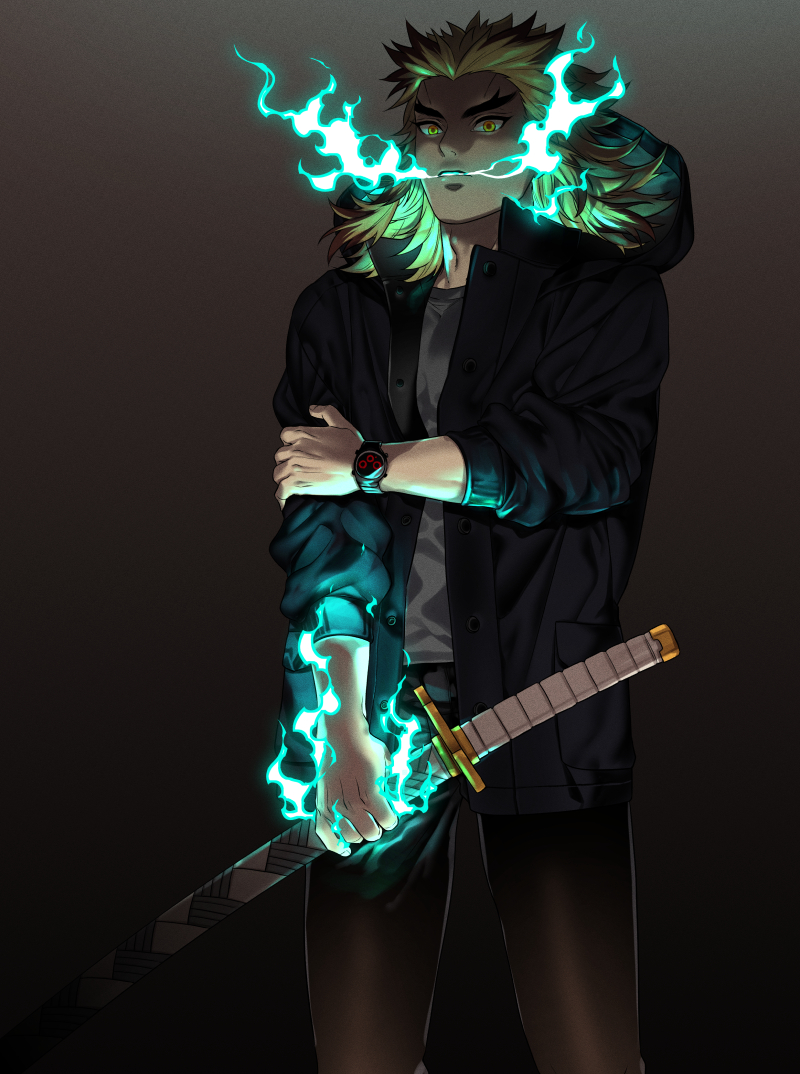 1boy black_jacket black_pants blonde_hair blue_fire breathing_fire casual contemporary cowboy_shot fire glowing grey_background hand_on_own_arm hashimoto_(yanagi-momo) holding holding_sword holding_weapon hood hood_down hooded_jacket jacket katana kimetsu_no_yaiba long_sleeves looking_at_viewer male_focus medium_hair open_clothes open_jacket pants parted_lips rengoku_kyoujurou shirt simple_background solo standing sword t-shirt watch watch weapon white_shirt yellow_eyes