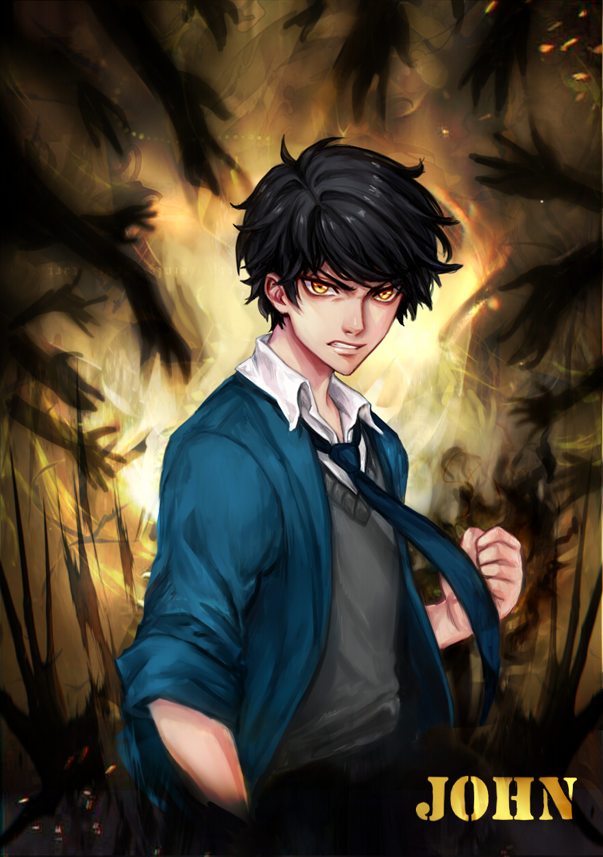 1boy aireenscolor black_hair blue_necktie character_name clenched_hand fighting_stance frown grey_sweater_vest hands highres john_(unordinary) looking_at_viewer male_focus necktie school_uniform short_hair solo standing sweater_vest unordinary yellow_eyes