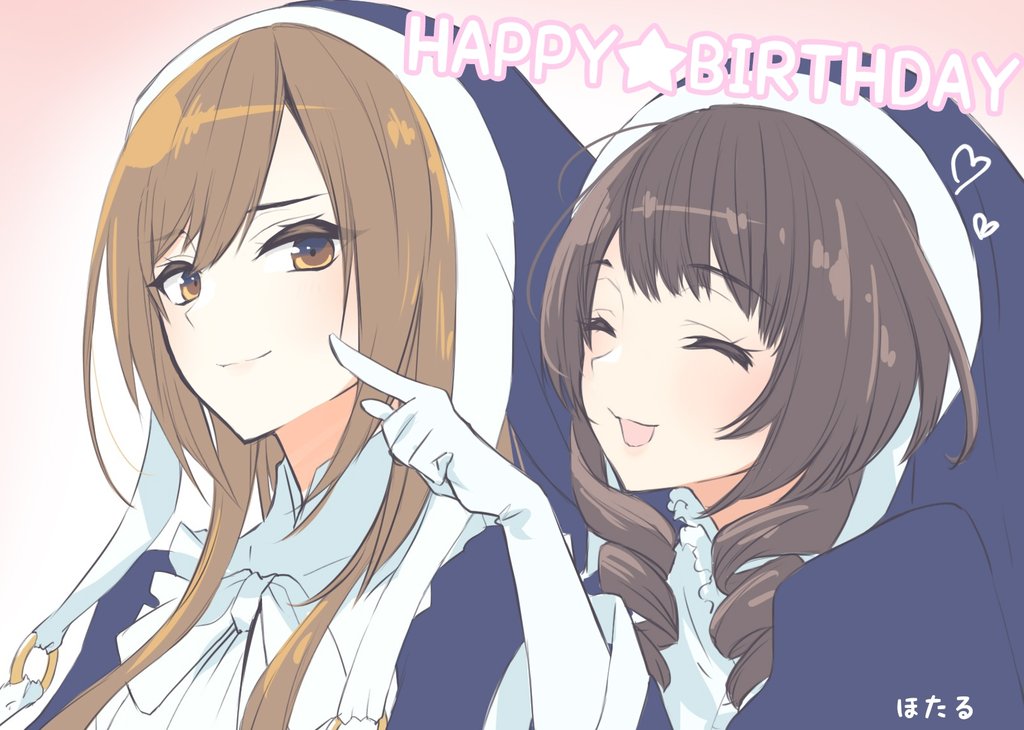 2girls :d artist_name assault_lily bangs behind_another bow bowtie brown_eyes brown_hair cheek_poking closed_eyes closed_mouth commentary_request drill_hair elbow_gloves eyebrows_visible_through_hair frills gloves gradient gradient_background habit hand_up happy_birthday heart hotaru_(ultraroly_poly) izumi_rosa_rina juliet_sleeves kosaka_anastasia_ryouko light_blush long_hair long_sleeves looking_at_viewer multiple_girls nun open_mouth pink_background poking portrait puffy_sleeves sidelocks smile star_(symbol) twin_drills veil white_background white_bow white_bowtie wide_sleeves