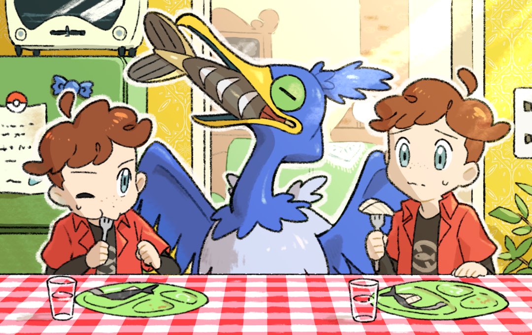 2boys ahoge arrokuda bangs bird black_undershirt brown_hair child closed_mouth collared_shirt commentary_request cramorant cup eating fish fork freckles glass grey_eyes holding holding_fork hungry_seishin indoors male_focus multiple_boys outline plaid pokemon pokemon_(creature) red_shirt refrigerator shirt short_hair short_sleeves sweatdrop table undershirt