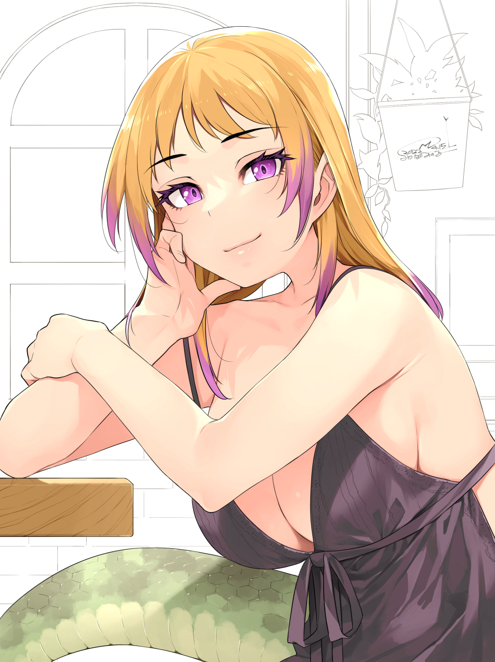 1girl african_rock_python_(kemono_friends) alternate_costume bare_arms bare_shoulders black_dress blonde_hair breasts collarbone commentary dated dress elbow_rest eyebrows_visible_through_hair happa_(cloverppd) highres indoors kemono_friends large_breasts long_hair looking_at_viewer multicolored_hair purple_hair signature sleeveless sleeveless_dress snake_tail solo spaghetti_strap tail two-tone_hair upper_body violet_eyes window