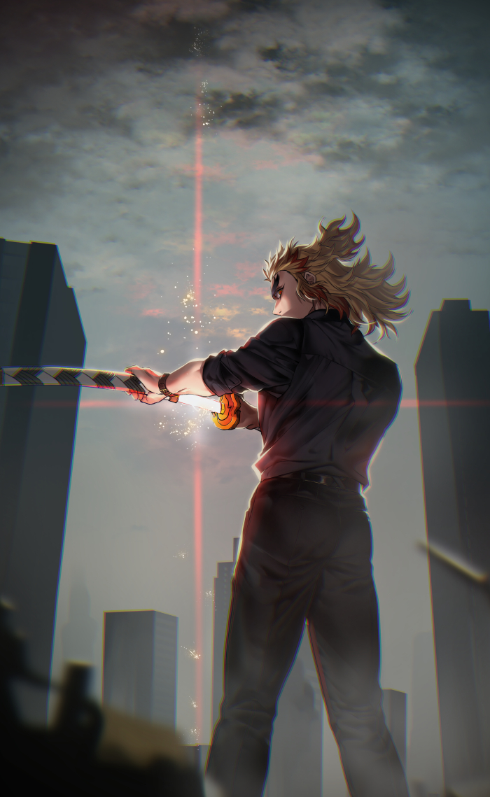 1boy belt black_pants black_shirt blonde_hair blurry building city collared_shirt colored_tips contemporary depth_of_field floating_hair from_behind glint glowing glowing_sword glowing_weapon half_updo hashimoto_(yanagi-momo) holding holding_sword holding_weapon katana kimetsu_no_yaiba legs_apart light_particles long_hair looking_at_viewer looking_back male_focus multicolored_hair outdoors outstretched_arms overcast pants profile redhead rengoku_kyoujurou sheath shirt sideways_glance sky skyscraper sleeves_rolled_up solo standing streaked_hair sword thick_eyebrows unsheathing watch watch weapon wind