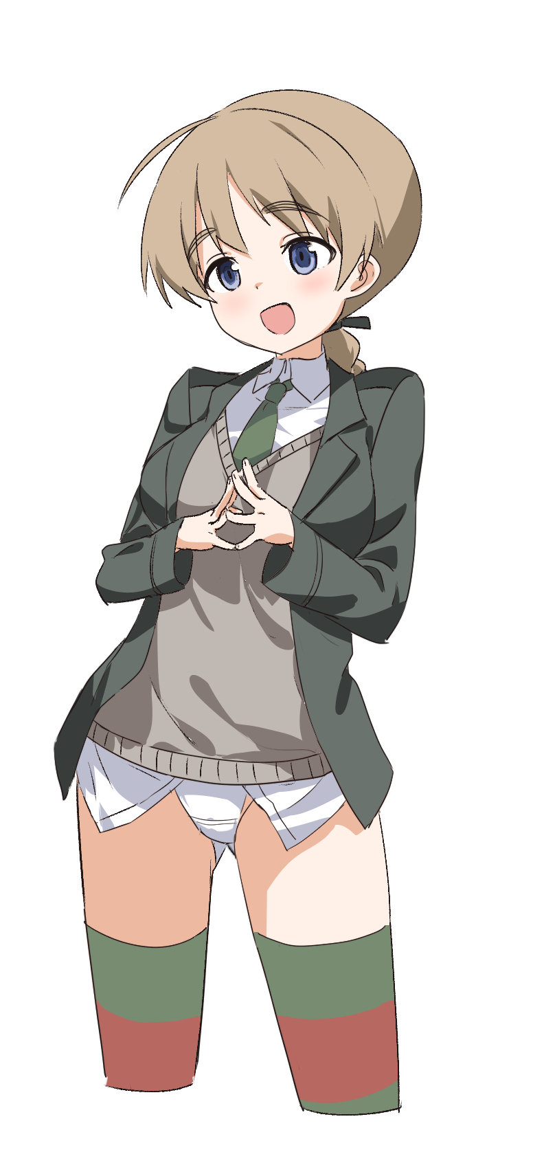 1girl ahoge ass_visible_through_thighs blue_eyes blush braid brown_hair cropped_legs eyebrows_visible_through_hair green_jacket green_necktie highres jacket lynette_bishop mejina necktie panties shirt solo steepled_fingers strike_witches striped striped_legwear sweater_vest tan_sweater thigh-highs thighs underwear white_panties white_shirt world_witches_series