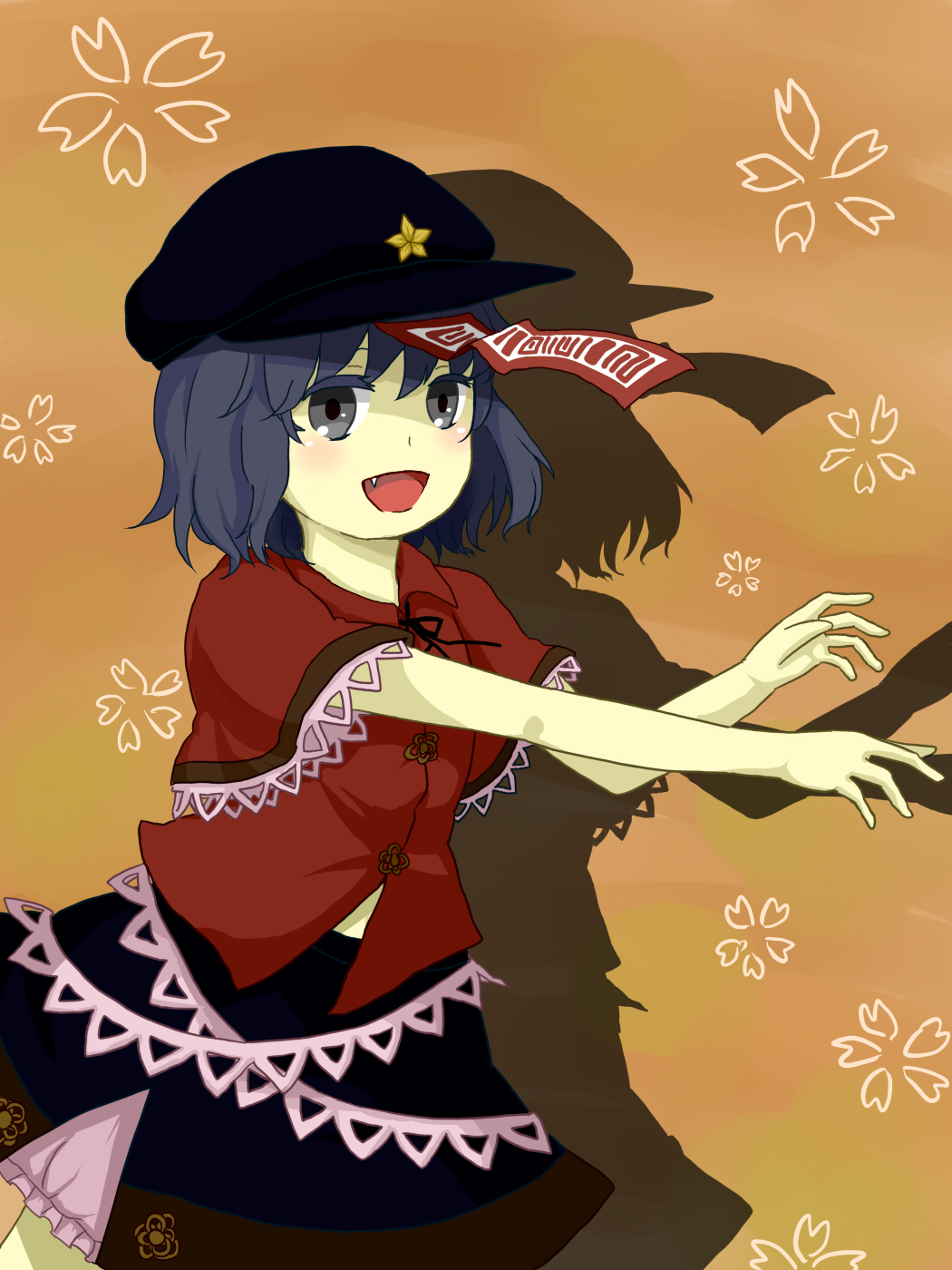 1girl :d black_skirt blue_hair brown_background cabbie_hat drop_shadow fang hat hat_ornament highres jiangshi light_blush looking_at_viewer miyako_yoshika ofuda open_mouth outstretched_arms pale_skin rinui short_hair short_sleeves simple_background skirt smile solo star_(symbol) star_hat_ornament touhou wall wallpaper_(object) zombie_pose