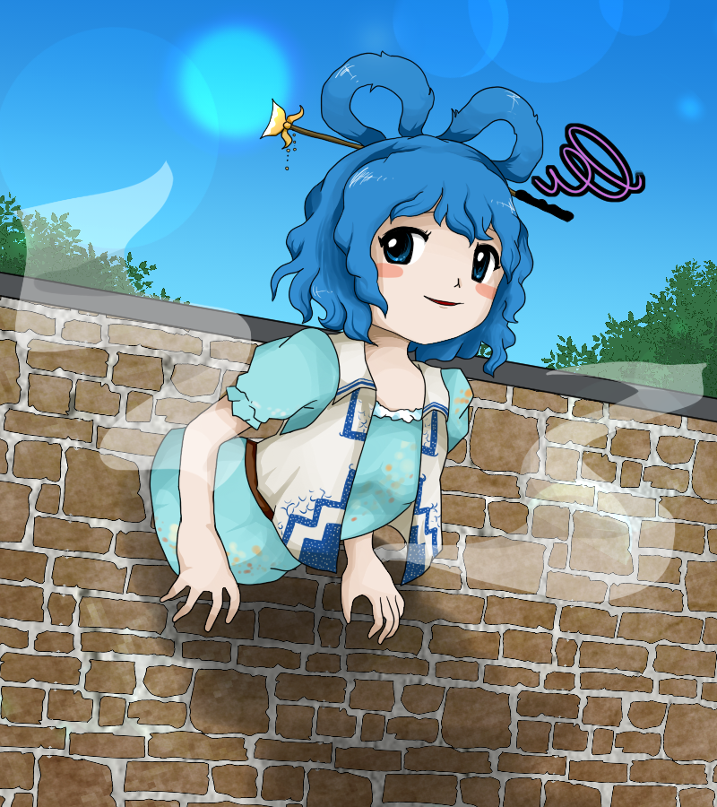 1girl blue_dress blue_eyes blue_hair blush_stickers brick_wall day dress from_below hagoromo hair_ornament hair_rings hair_stick kaku_seiga looking_to_the_side open_clothes open_vest outdoors parted_lips puffy_short_sleeves puffy_sleeves shawl short_hair short_sleeves sky smile solo squiggle stuck through_wall touhou vest white_vest yu_(jxgg8884) zun_(style)