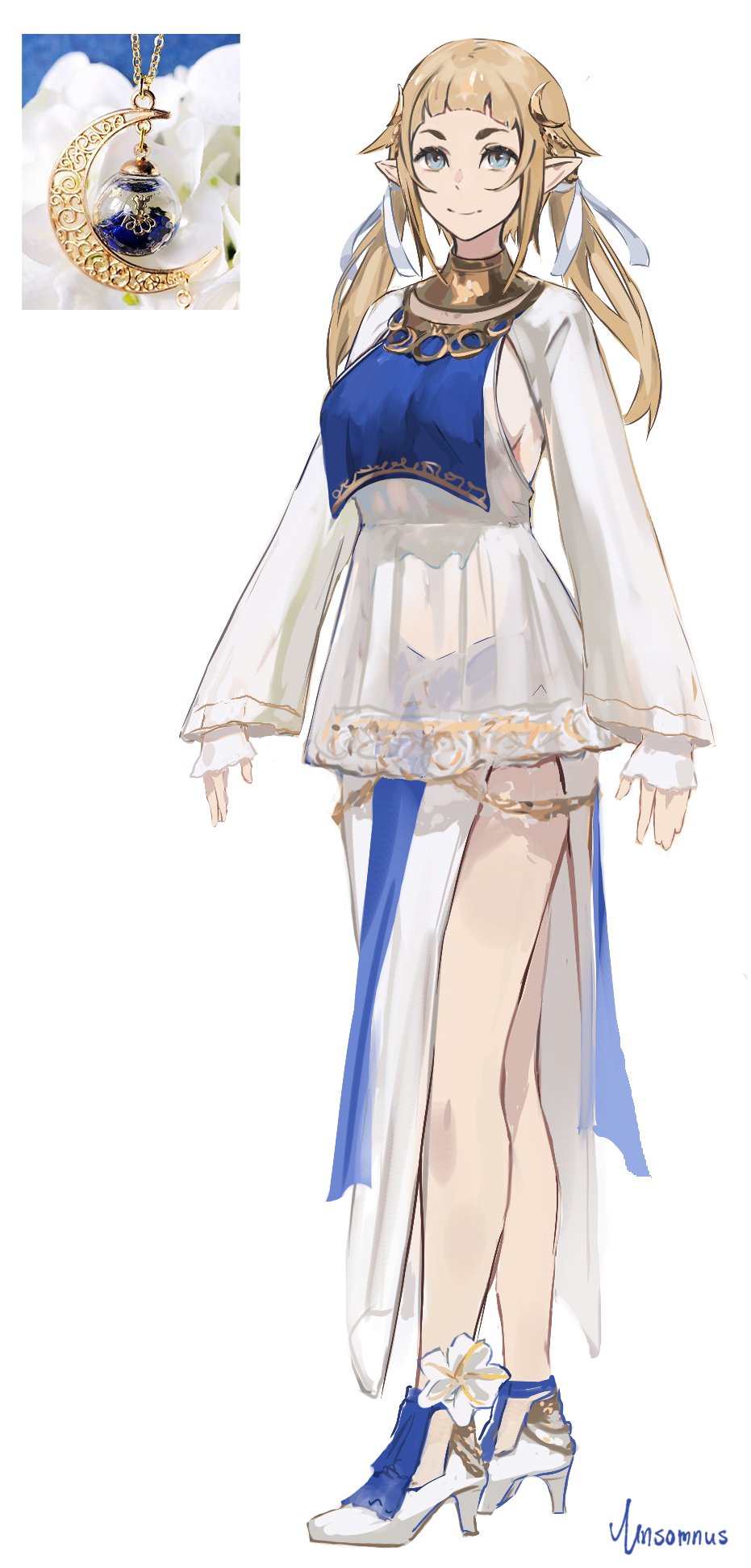 1girl bangs blonde_hair blue_eyes blunt_bangs breast_curtain closed_mouth dress english_text full_body high_heels highres long_hair long_sleeves looking_at_viewer original personification pointy_ears side_slit signature simple_background smile solo twintails unsomnus white_background white_dress white_footwear