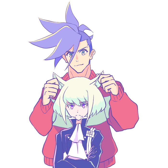 2boys androgynous animal_ears black_gloves blue_eyes blue_hair cat_boy cat_ears crossed_arms ear_grab eyebrows_visible_through_hair frown galo_thymos gloves green_hair lio_fotia looking_at_viewer male_focus mohawk multiple_boys promare red_sweater short_hair sidecut simple_background somu_ki sweater upper_body violet_eyes white_background