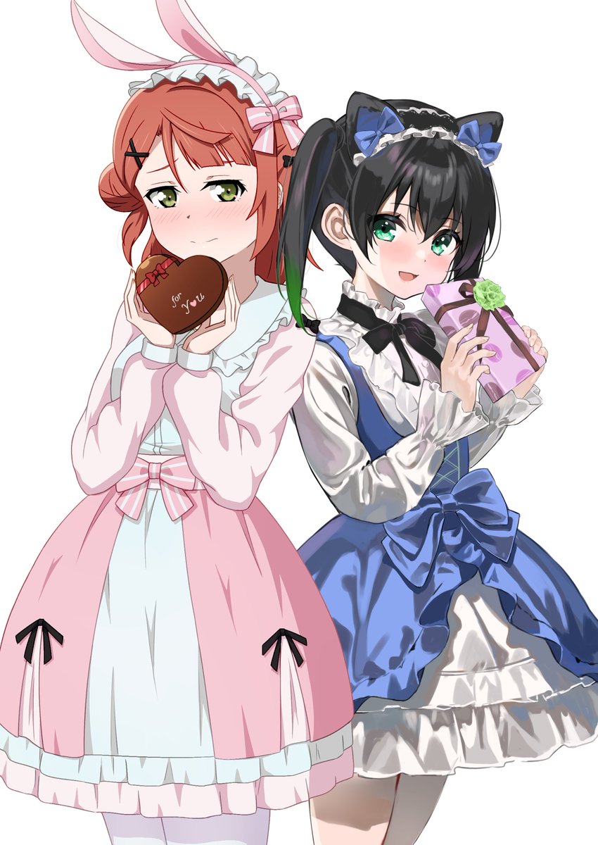 2girls :d animal_ears aqua_eyes black_hair black_hairband blouse blue_bow blue_dress blush bow bowtie closed_mouth collaboration commentary cowboy_shot dress eyebrows_behind_hair frilled_hairband frills gift gradient_hair green_eyes green_hair hair_bow hair_ornament hairband hairclip highres hinami_riku hoenn_(jgm1102) holding holding_gift light_smile long_sleeves looking_at_another looking_to_the_side love_live! love_live!_nijigasaki_high_school_idol_club medium_hair multicolored_hair multiple_girls open_mouth pink_bow pink_dress rabbit_ears redhead short_dress side-by-side side_bun simple_background smile striped striped_bow takasaki_yuu twintails uehara_ayumu waist_bow white_background white_blouse white_day white_hairband x_hair_ornament