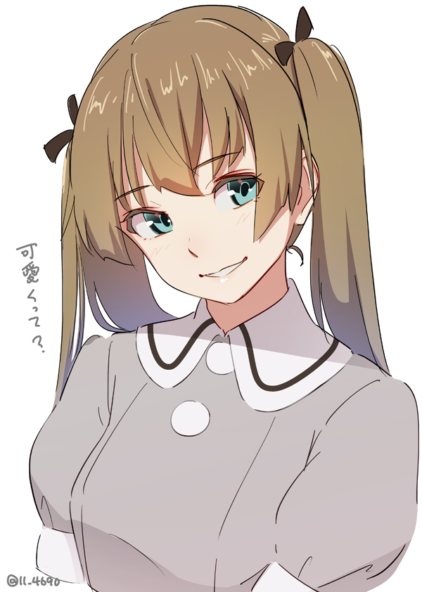 1girl 4690_(tkpbsk) alternate_costume alternate_hairstyle blouse blue_eyes brown_hair grey_blouse kantai_collection kumano_(kancolle) long_hair one-hour_drawing_challenge parted_lips ponytail puffy_short_sleeves puffy_sleeves short_sleeves simple_background smile solo translation_request upper_body white_background