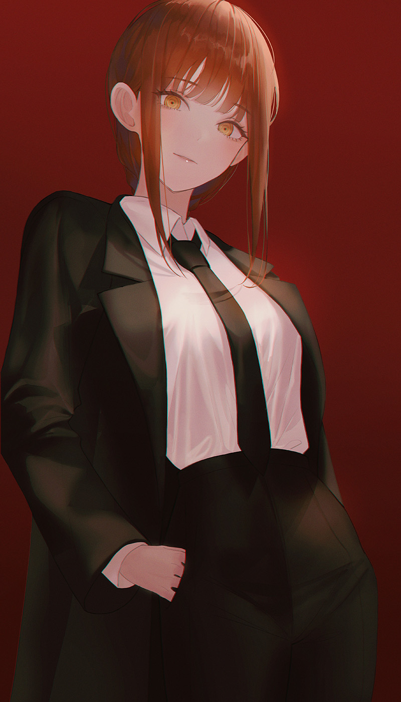 1girl bangs black_necktie black_pants braid braided_ponytail breasts chainsaw_man collared_shirt connor formal gradient gradient_background highres long_sleeves looking_at_viewer makima_(chainsaw_man) medium_breasts medium_hair necktie pants red_background redhead ringed_eyes shirt smile solo suit white_shirt yellow_eyes