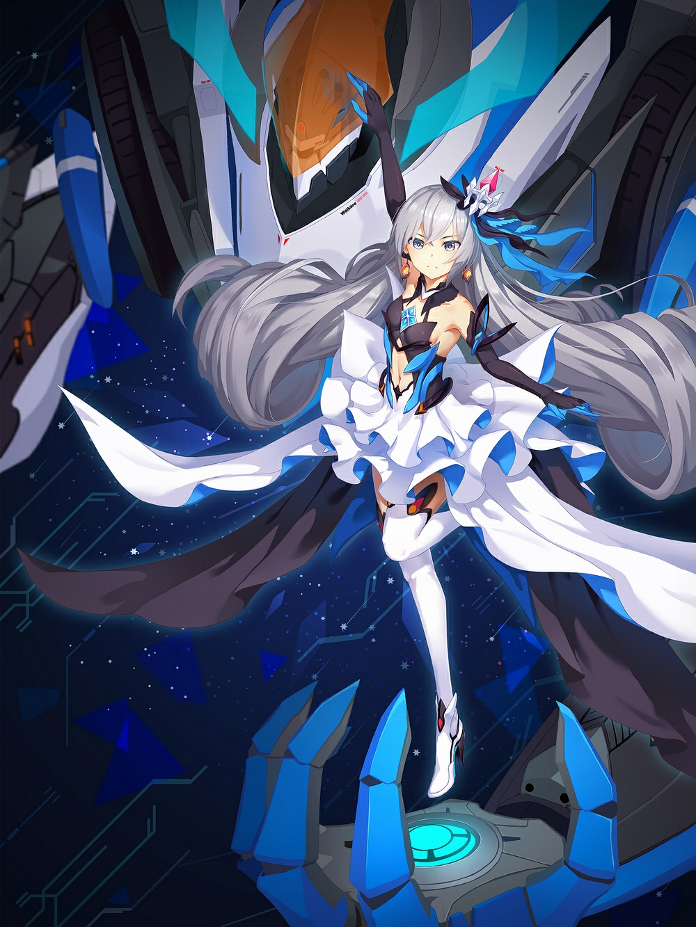1girl arm_up artist_request bangs bare_shoulders black_gloves bronya_zaychik bronya_zaychik_(herrscher_of_reason) closed_mouth crown dress drill_hair earrings elbow_gloves full_body gloves grey_eyes grey_hair hair_ornament highres honkai_(series) honkai_impact_3rd jewelry long_hair looking_at_viewer navel project_bunny sleeveless sleeveless_dress solo thigh-highs twin_drills white_dress white_legwear