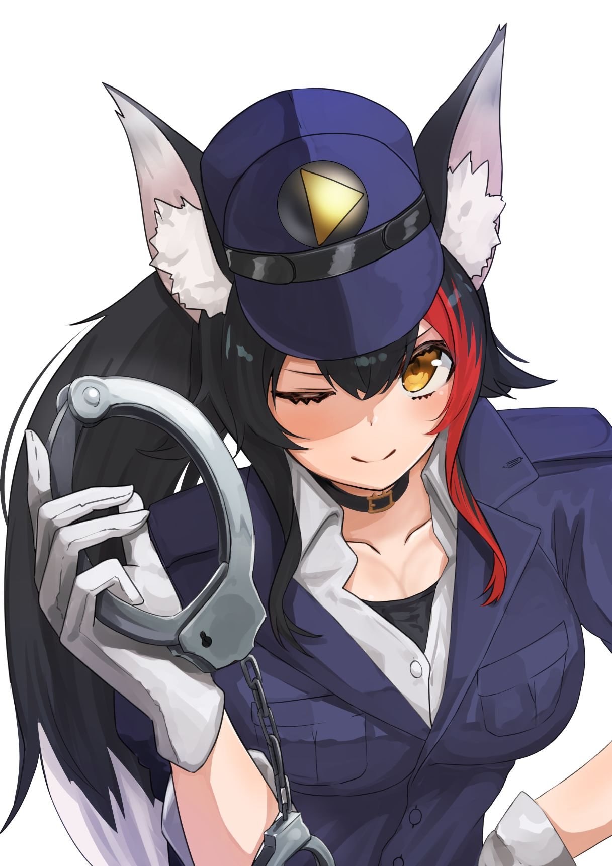 1girl animal_ear_fluff animal_ears black_hair cuffs gloves handcuffs highres hololive micon multicolored_hair one_eye_closed ookami_mio police police_uniform policewoman redhead streaked_hair uniform virtual_youtuber white_gloves wolf_ears wolf_girl