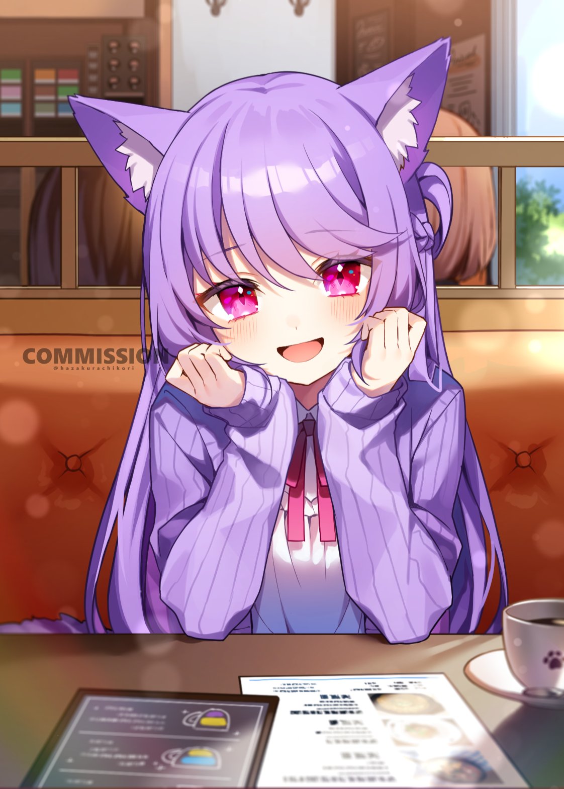 1girl animal_ear_fluff animal_ears byuyu cafe cardigan commission fox_ears hazakura_chikori highres indie_virtual_youtuber layered_skirt long_hair looking_at_viewer open_cardigan open_clothes pink_eyes purple_cardigan purple_hair skeb_commission skirt smile solo