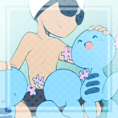 &gt;_&lt; 1boy ^_^ black_male_swimwear blue_background blush border chibi closed_eyes closed_mouth commentary_request goggles gradient gradient_background hand_on_another's_head hands_up happy headpat jumping light_blush lowres male_focus male_swimwear minashirazu pokemon pokemon_(creature) pokemon_(game) pokemon_bw sideways_mouth simple_background sitting smile spread_legs swim_cap swim_trunks swimmer_(pokemon) topless_male white_headwear wooper