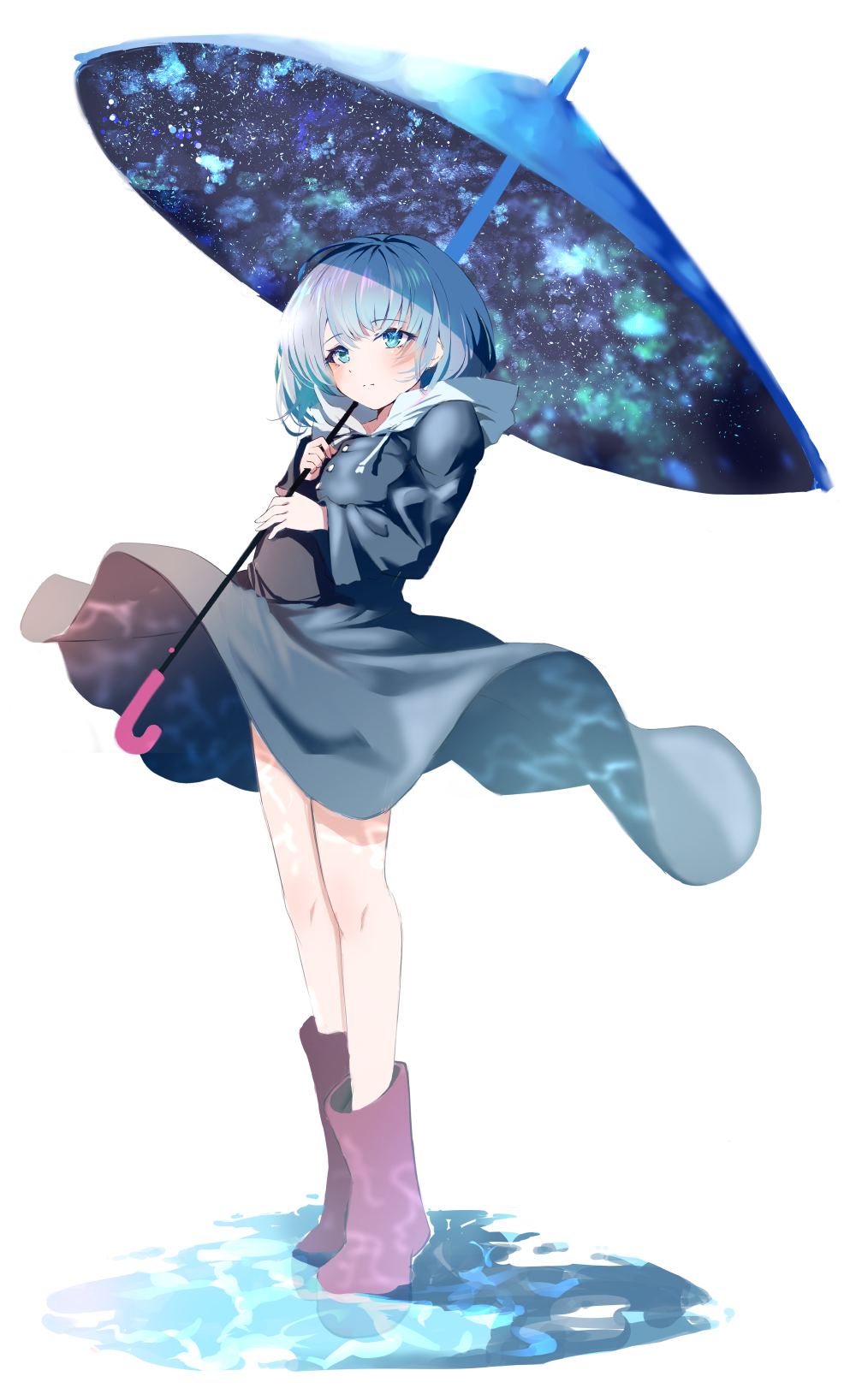 1girl bare_legs blue_dress blue_eyes blue_hair closed_mouth commentary double_exposure dress expressionless eyebrows_visible_through_hair full_body highres holding holding_umbrella hood hood_down long_sleeves looking_afar original rain_boots raru_(nanaharararu) reflection reflective_water shadow short_hair simple_background sky solo split_mouth standing star_(sky) starry_sky umbrella white_background wide_sleeves wind