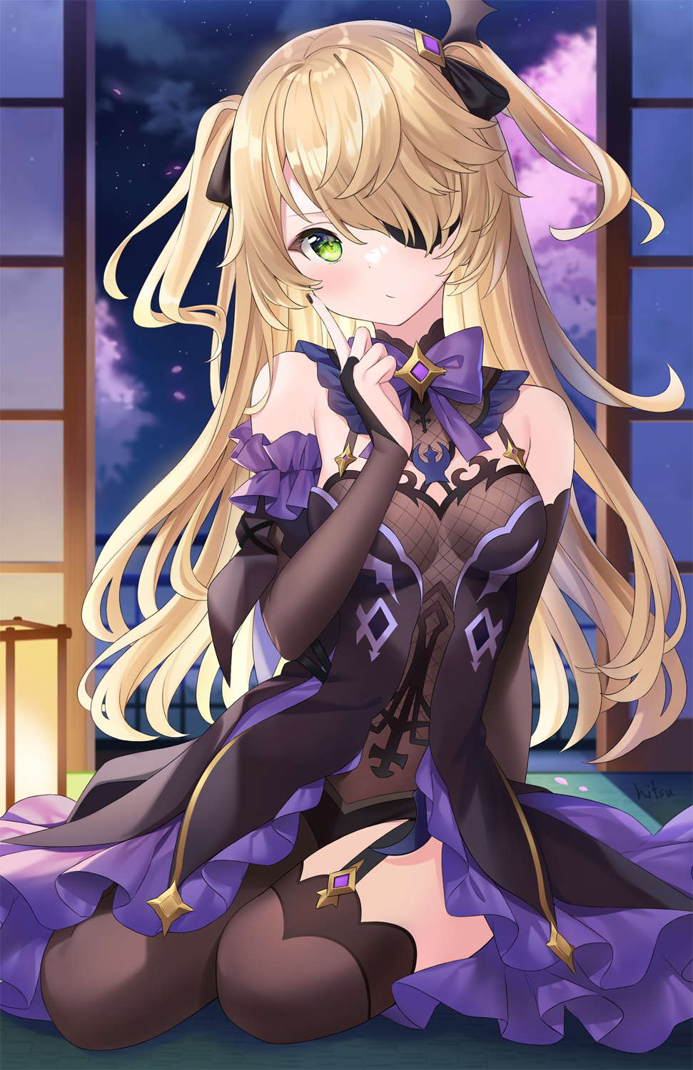 1girl bangs bare_shoulders black_leotard blonde_hair blush breasts bridal_gauntlets brown_legwear closed_mouth clouds commentary eyebrows_visible_through_hair eyepatch fischl_(genshin_impact) garter_straps genshin_impact green_eyes hair_over_one_eye hand_up head_tilt highres hitsukuya index_finger_raised indoors lantern leotard long_hair looking_at_viewer night night_sky petals purple_background single_leg_pantyhose single_thighhigh sky small_breasts solo star_(sky) starry_sky thigh-highs two_side_up very_long_hair