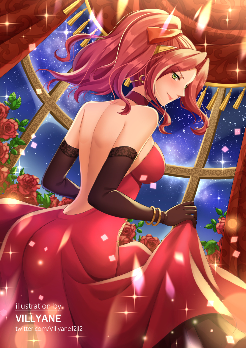 1girl artist_name bare_back breasts clothes_lift dress dress_lift from_behind green_eyes long_hair looking_at_viewer looking_back malty_s_melromarc red_dress redhead signature sky smile solo star_(sky) starry_sky tate_no_yuusha_no_nariagari villyane