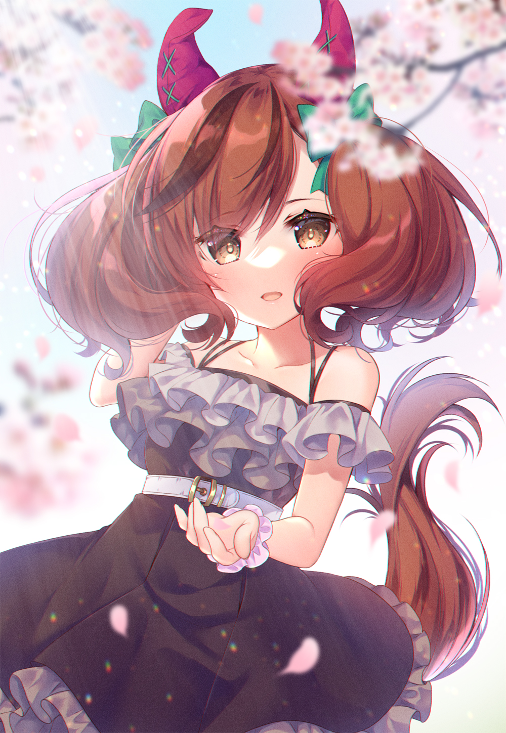 1girl animal_ears belt black_dress blush brown_eyes brown_hair cherry_blossoms collarbone commentary_request dress ear_covers frilled_dress frills highres horse_ears horse_girl horse_tail ko_yu medium_hair nice_nature_(umamusume) open_mouth petals redhead smile solo tail twintails umamusume white_belt